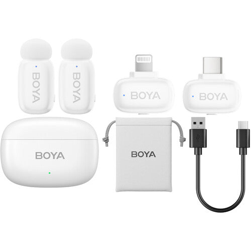 BOYA mini 2-Person Tiny Wireless Microphone System with Lightning & USB-C Connectors for Mobile Devices (2.4 GHz, White)
