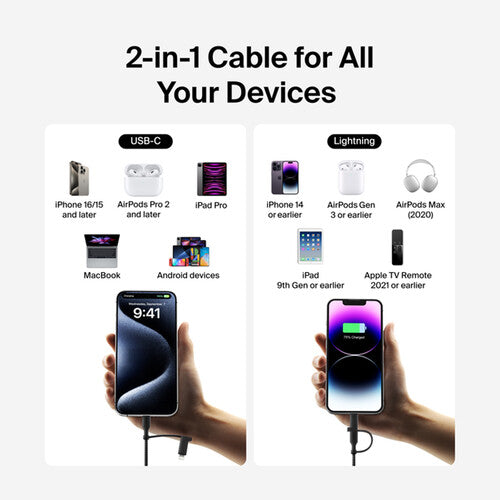 Belkin BoostCharge Pro 2-in-1 Cable with USB-C and Lightning Connector (Black, 5')