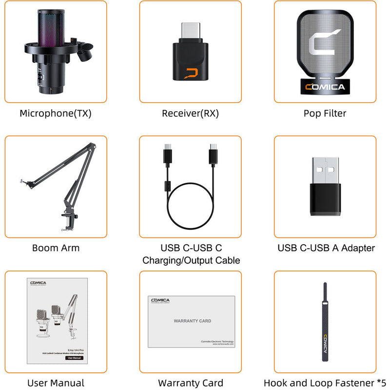 Comica Audio EJoy Uni Pro A RGB Cardioid Condenser Wireless/USB-C Microphone with Boom Arm (Black)