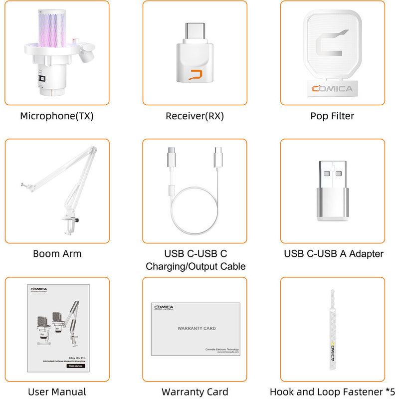 Comica Audio EJoy Uni Pro A RGB Cardioid Condenser Wireless/USB-C Microphone with Boom Arm (White)