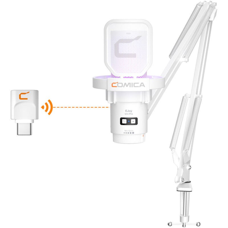 Comica Audio EJoy Uni Pro A RGB Cardioid Condenser Wireless/USB-C Microphone with Boom Arm (White)