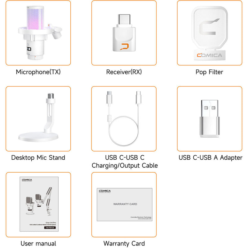 Comica Audio EJoy Uni Pro D RGB Cardioid Condenser Wireless/USB-C Microphone with Desktop Stand (White)