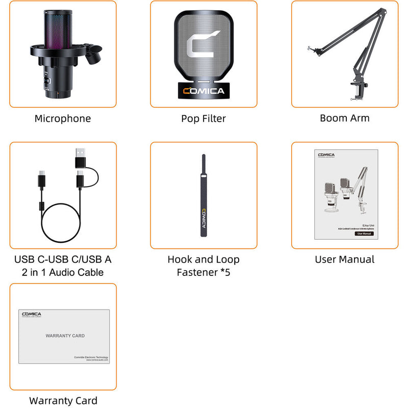 Comica Audio EJoy Uni A RGB Cardioid Condenser USB-C Microphone with Boom Arm (Black)