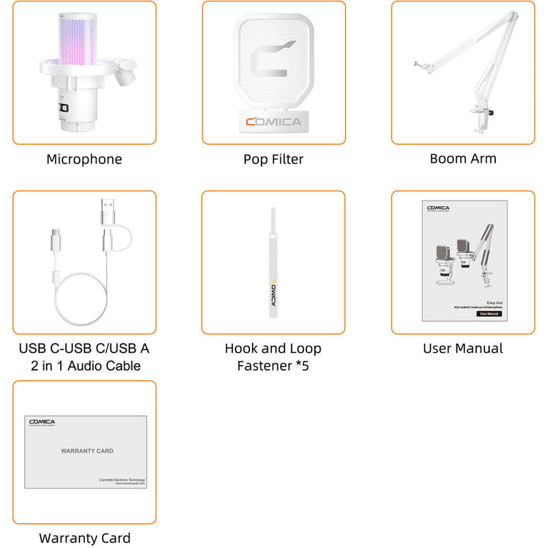 Comica Audio EJoy Uni A RGB Cardioid Condenser USB-C Microphone with Boom Arm (White)