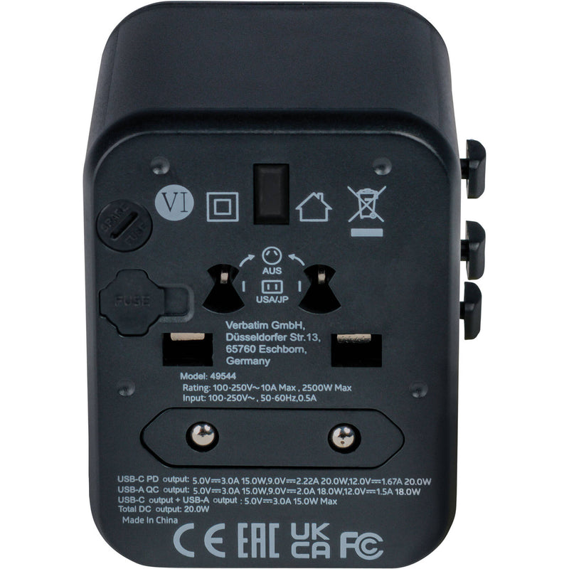 Verbatim UTA-02 20W 2-Port USB-C/USB-A Universal Travel Adapter
