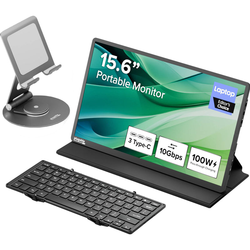 Plugable 15.6" USB-C Portable Monitor with Universal Tablet Stand, Bluetooth Keyboard, and Case