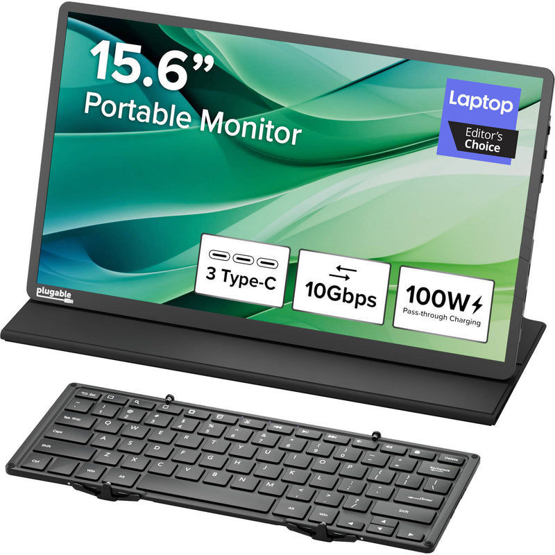 Plugable 15.6" USB-C Portable Monitor with Full-Size Folding Bluetooth Keyboard and Case
