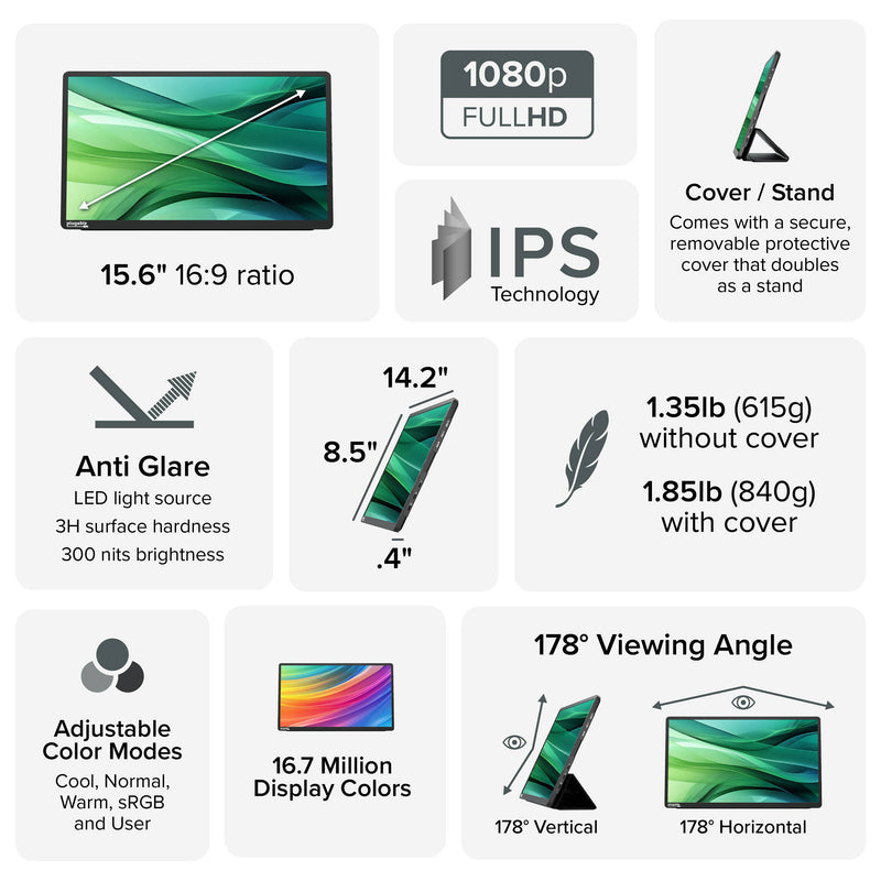 Plugable 15.6" USB-C Portable Monitor with Universal Tablet Stand