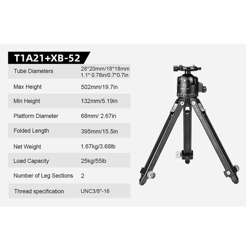 Sunwayfoto T1A21 Aluminum Tabletop Tripod with XB-52 Low-Profile Ball Head
