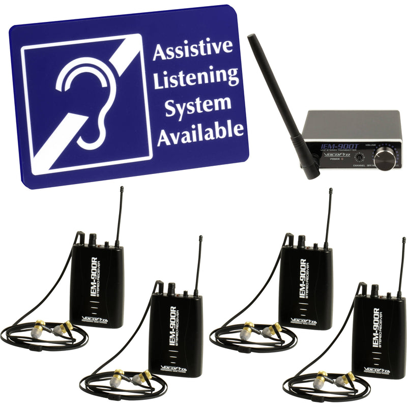 VocoPro IEM-900-ST4 Wireless Assistive Listening System with 1 Transmitter & 4 Receivers (900 MHz)