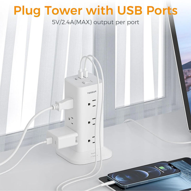 Tessan 12-Outlet Tower Surge Protector with 3 USB Ports (6')