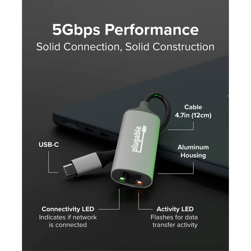 Plugable 5 Gigabit Ethernet to USB-C 3.2 Gen 2 Adapter