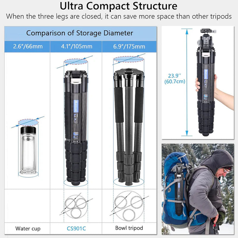 ARTCISE CS901C Compact Carbon Fiber Tripod with Low-Profile Head and Magic Arm