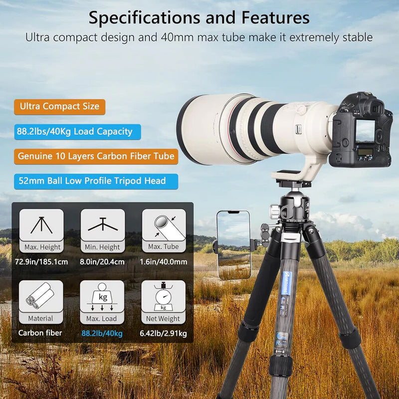ARTCISE CS901C Compact Carbon Fiber Tripod with Low-Profile Head and Magic Arm
