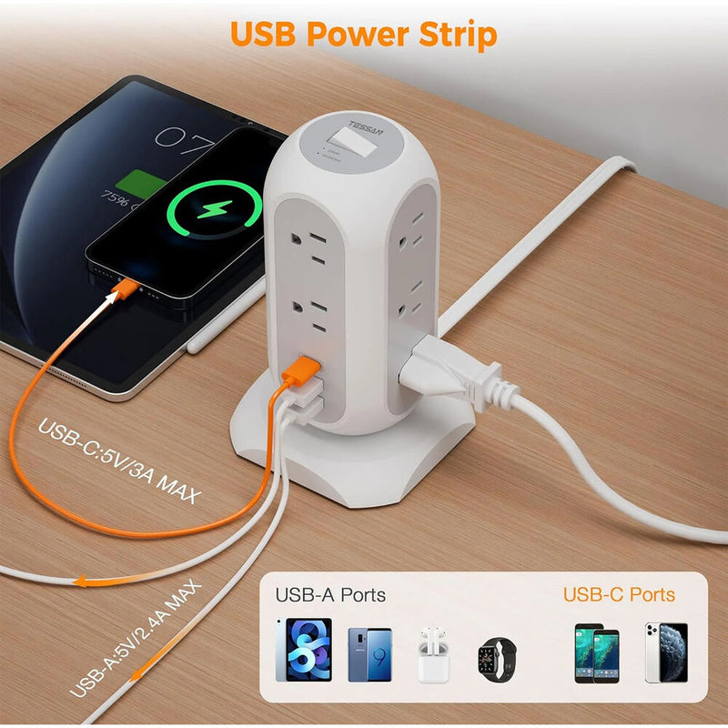 Tessan 11-Outlet Tower Surge Protector with 3 USB Ports (Grey, 6')