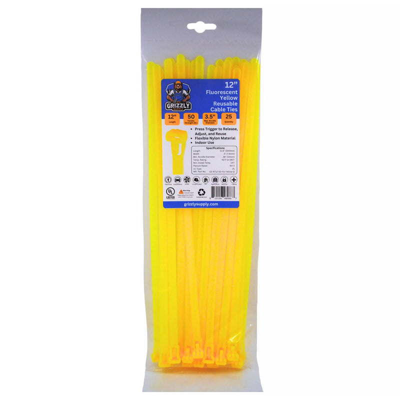 Grizzly Supply Reusable Cable Tie with 50 lb Tensile Strength (12", 25-Pack, Flourescent Yellow)