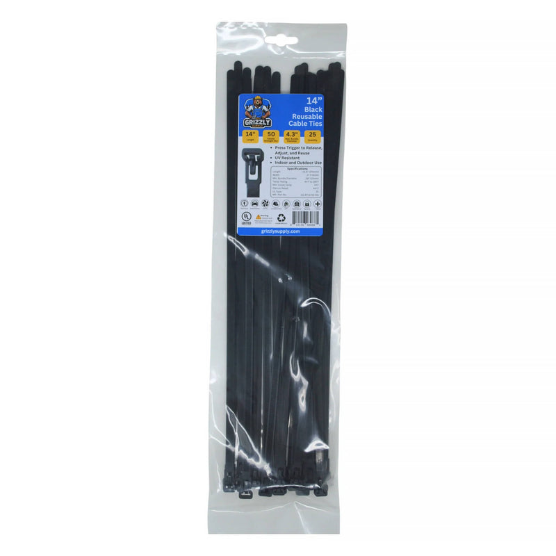 Grizzly Supply Reusable Cable Tie with 50 lb Tensile Strength (14", 25-Pack, Black)