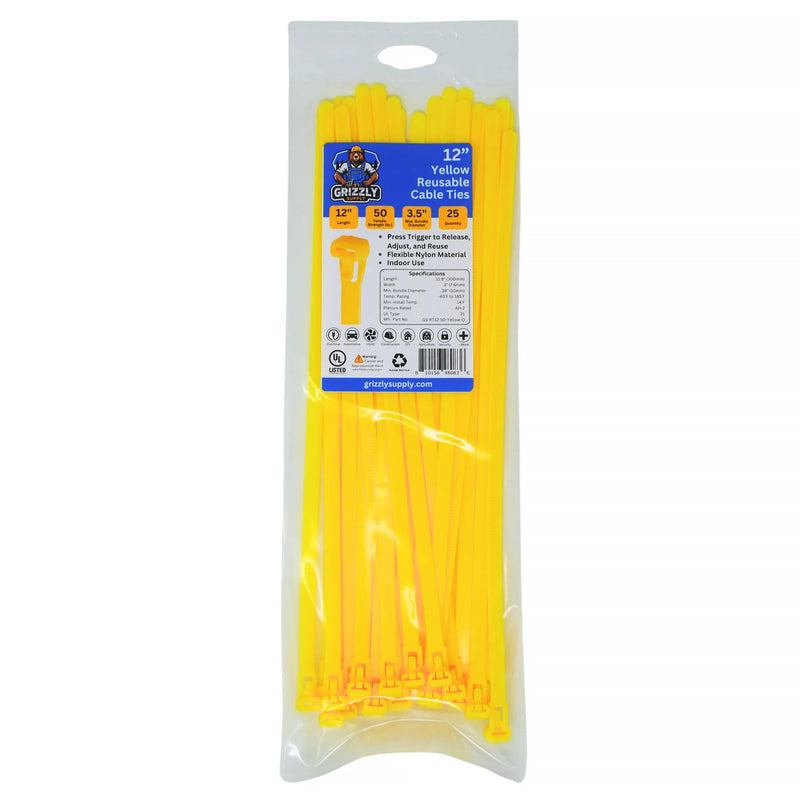 Grizzly Supply Reusable Cable Tie with 50 lb Tensile Strength (12", 25-Pack, Yellow)