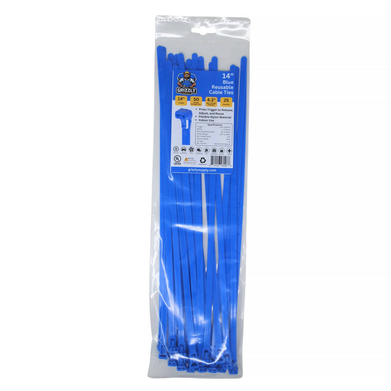 Grizzly Supply Reusable Cable Tie with 50 lb Tensile Strength (14", 25-Pack, Blue)