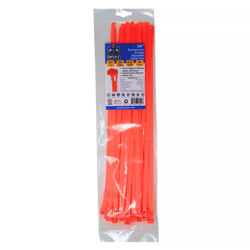 Grizzly Supply Reusable Cable Tie with 50 lb Tensile Strength (14", 25-Pack, Fluorescent Orange)