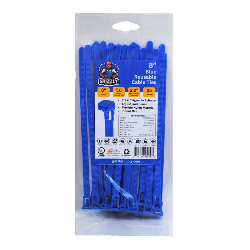Grizzly Supply Reusable Cable Tie with 50 lb Tensile Strength (8", 25-Pack, Blue)