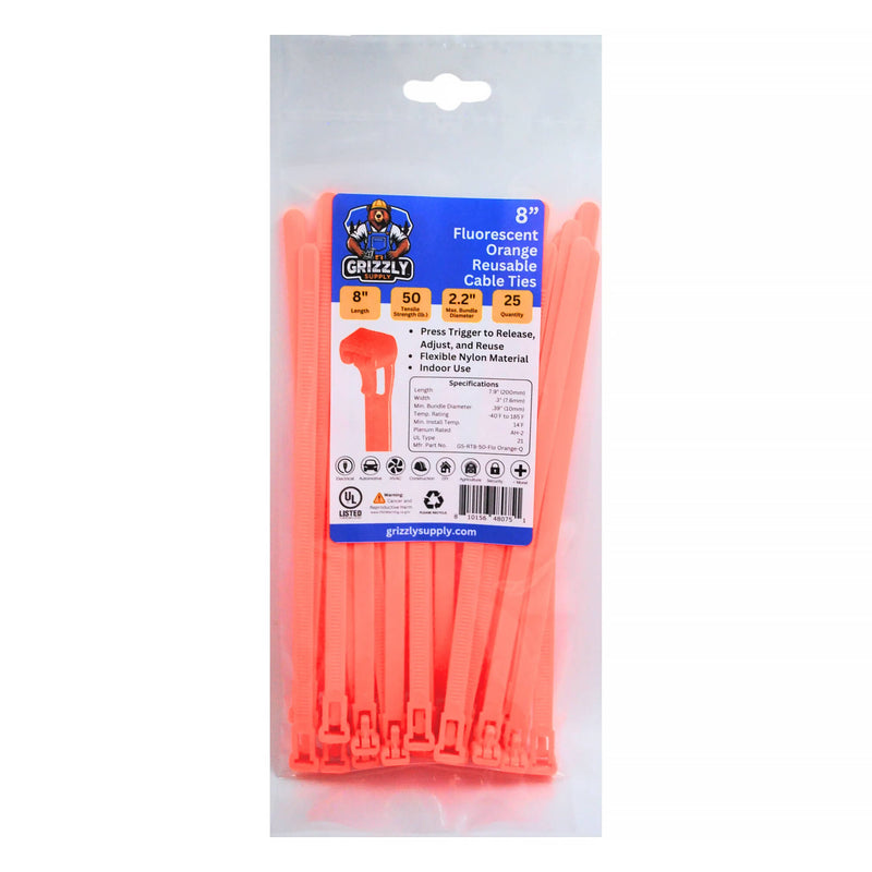 Grizzly Supply Reusable Cable Tie with 50 lb Tensile Strength (8", 25-Pack, Fluorescent Orange)