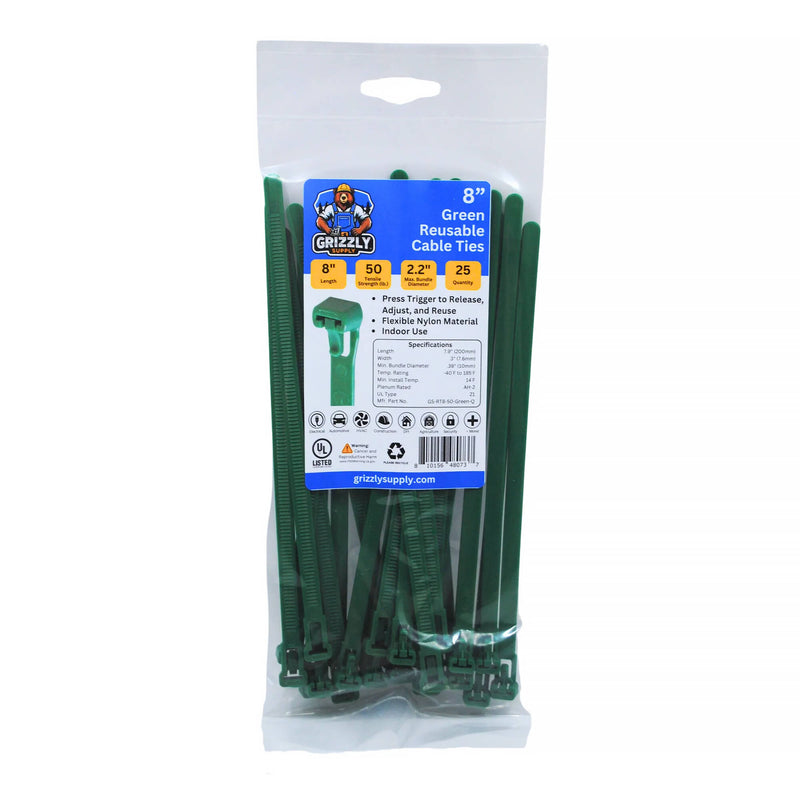 Grizzly Supply Reusable Cable Tie with 50 lb Tensile Strength (8", 25-Pack, Green)