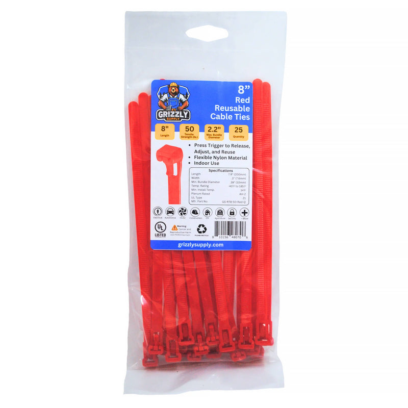 Grizzly Supply Reusable Cable Tie with 50 lb Tensile Strength (8", 25-Pack, Red)