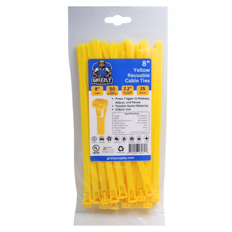 Grizzly Supply Reusable Cable Tie with 50 lb Tensile Strength (8", 25-Pack, Yellow)