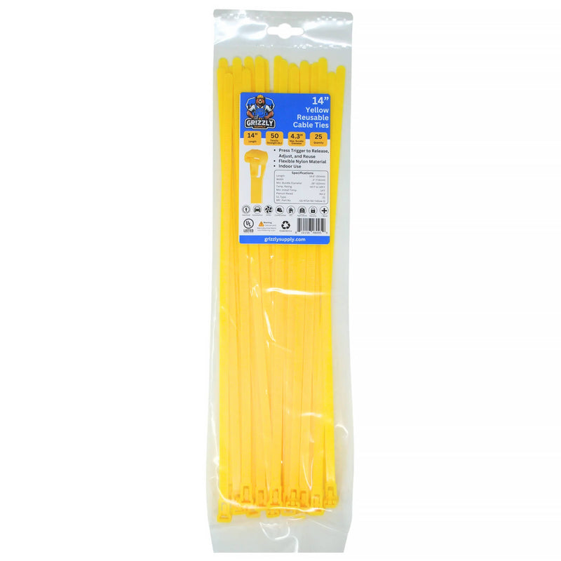 Grizzly Supply Reusable Cable Tie with 50 lb Tensile Strength (14", 25-Pack, Yellow)