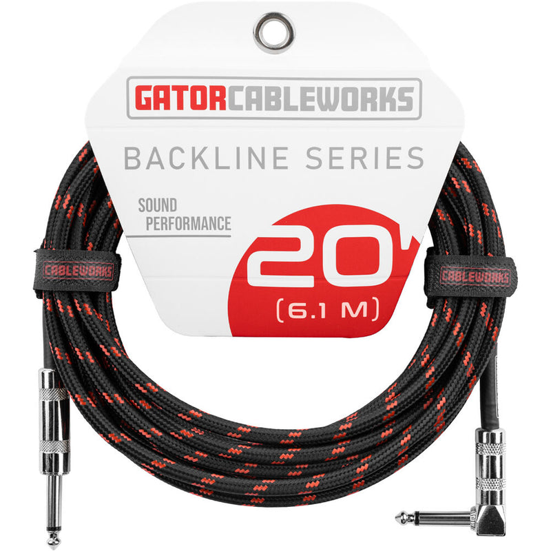 Gator Backline Series 1/4" Straight to 1/4" Right-Angle Braided Instrument Cable (Black/Red, 20')