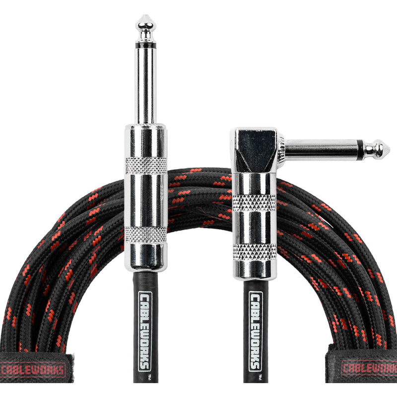Gator Backline Series 1/4" Straight to 1/4" Right-Angle Braided Instrument Cable (Black/Red, 20')