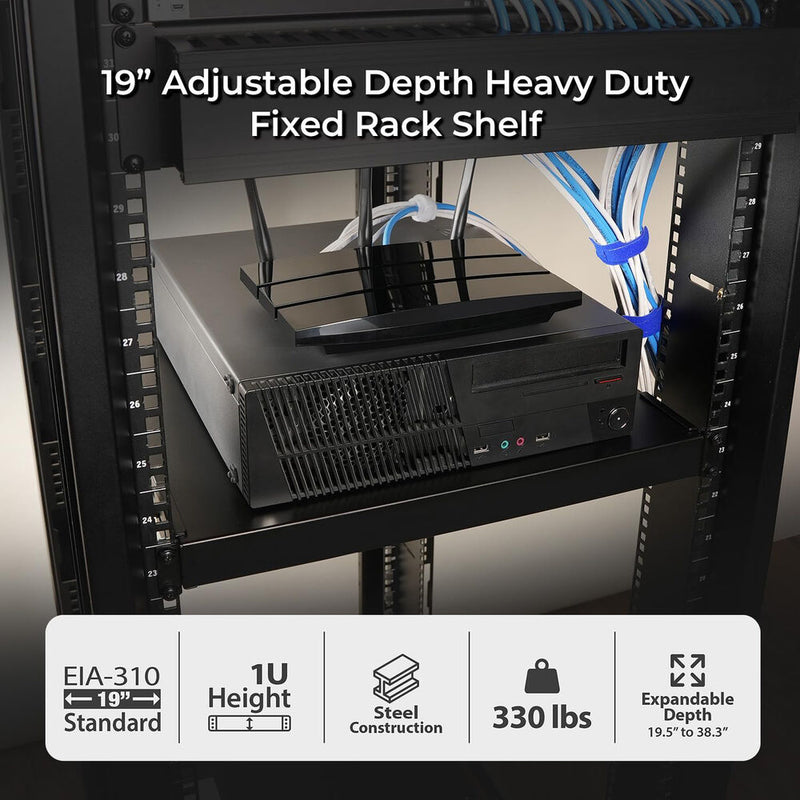 IOGEAR Heavy Duty Adjustable Depth Fixed Rack Shelf (1 RU, 19.5 to 27.6")