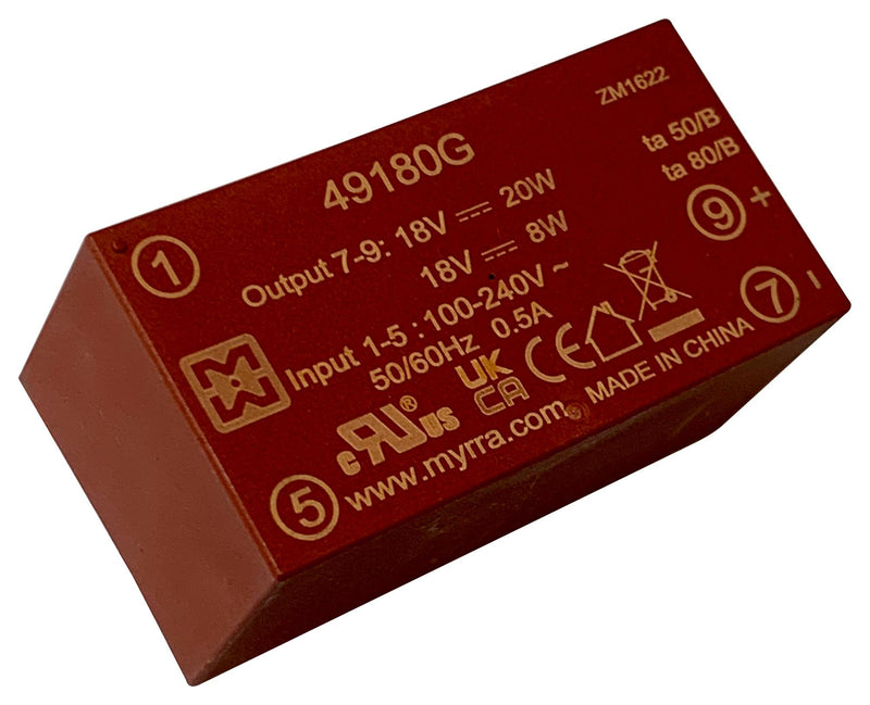 MYRRA 49180G AC/DC PCB Mount Power Supply (PSU), ITE & Household, 1 Output, 20 W, 18 VDC, 1.111 A