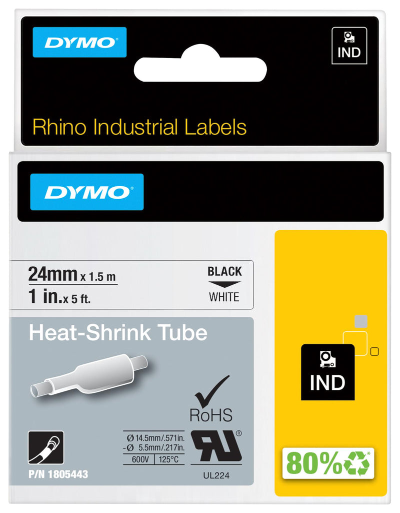 DYMO 1805443 Label Printer Tape, Heat Shrink Tube, Black on White, 1.5 m x 24 mm