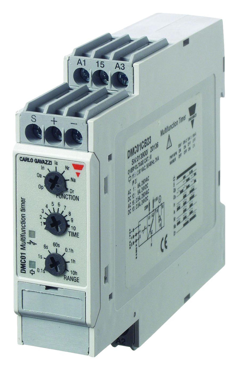 CARLO GAVAZZI DMC01CB23 Analogue Timer, DMC01 Series, Multifunction, 0.1 s, 100 h, 7 Ranges, 1 Changeover Relay