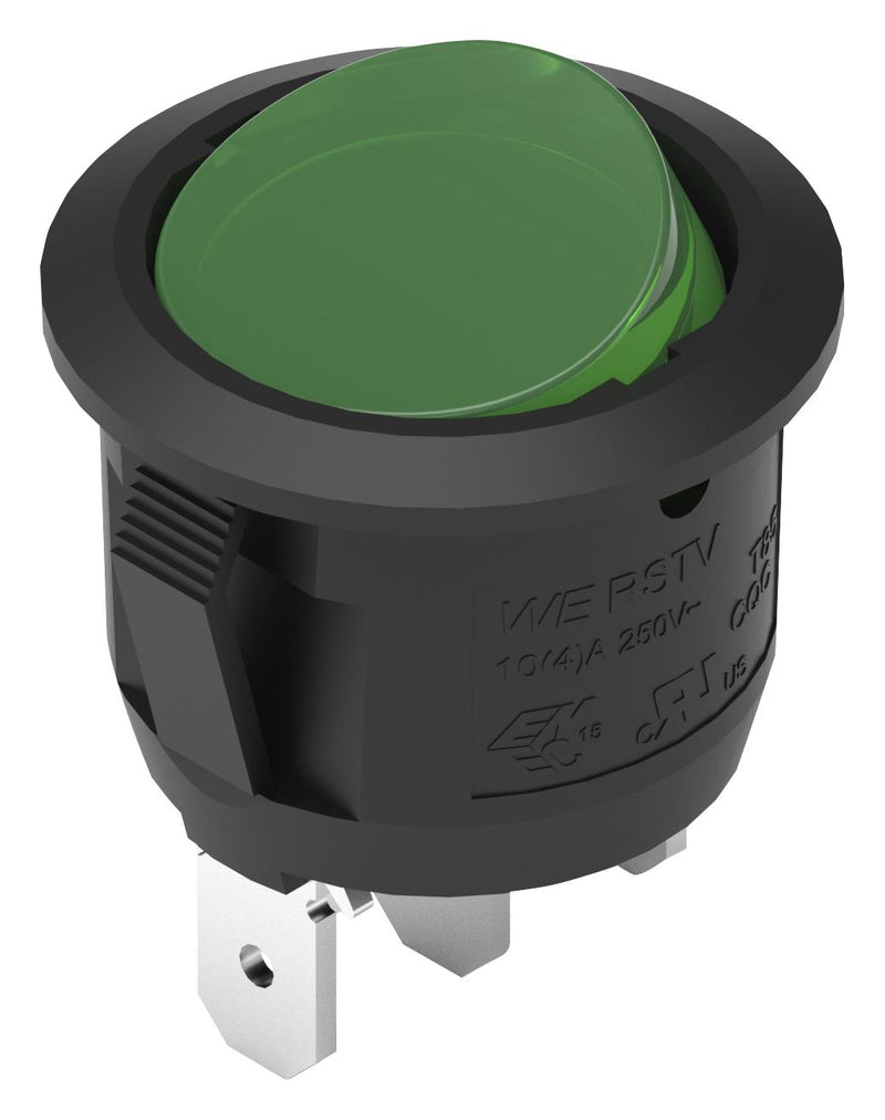 WURTH ELEKTRONIK 471NS04268840 Rocker Switch, On-Off, SPST-NO, Illuminated, Panel, Snap-In, Transparent Green, WS-RSTV Series