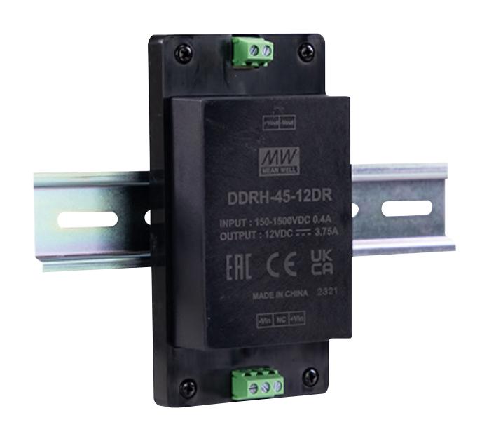 MEAN WELL DDRH-45-15DR Isolated DIN Rail Mount DC/DC Converter, ITE & Industrial, 10:1, 45 W, 1 Output, 15 V, 3 A