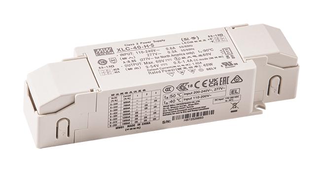MEAN WELL XLC-40-H-S LED Driver, W/Strain-Relief, LED Lighting, 40 W, 54 V, 1.4 A, Constant Power, 110 V