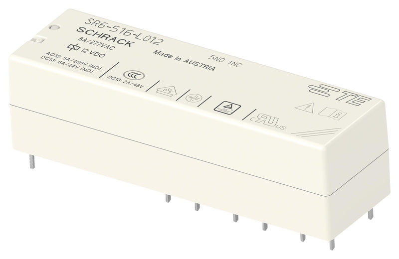 SCHRACK - TE CONNECTIVITY 2-1558738-4 Power Relay, 5PST-NO, SPST-NC, 12 VDC, 8 A, SR6 Series, Through Hole, Non Latching