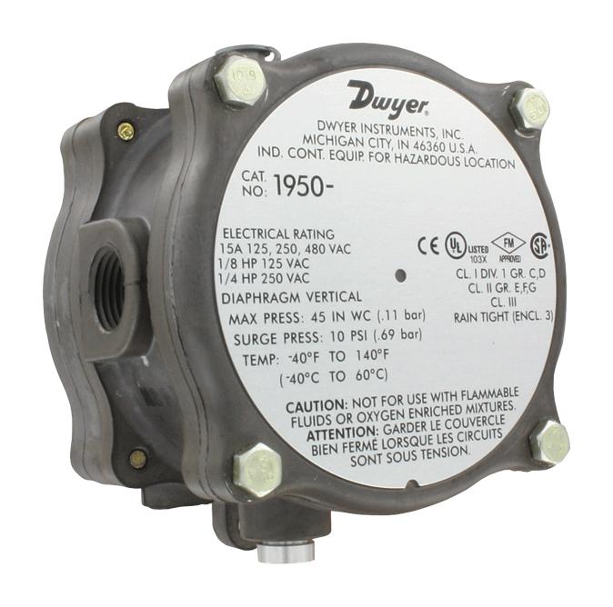 DWYER 1950-5-2F Pressure Switch, 15A/480VAC, 1/8" FNPT, 1.4 Inch-H2O, 5.5 Inch-H2O, SPDT, Panel Mount, Screw