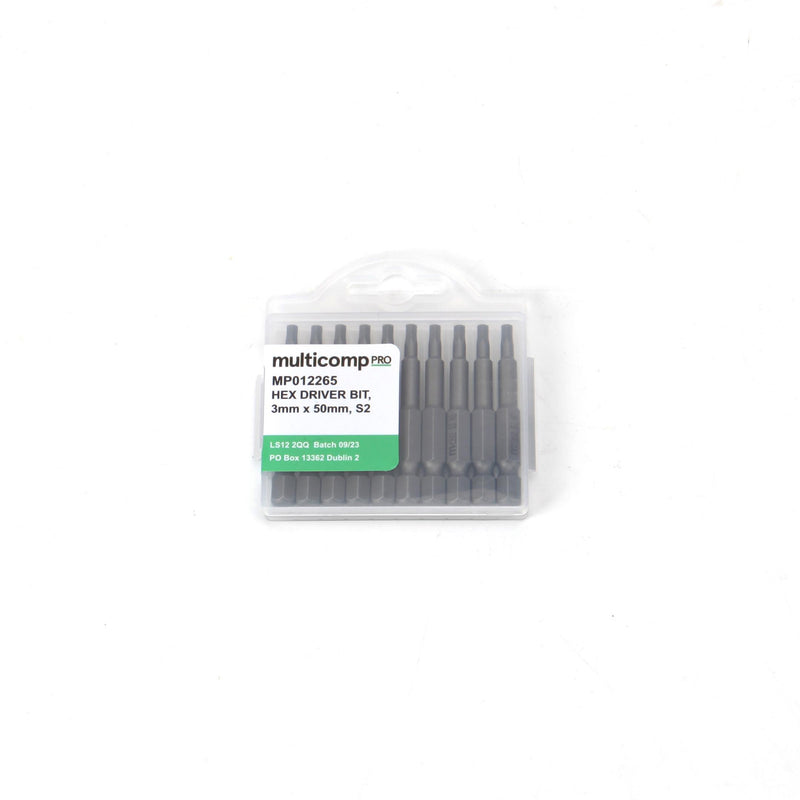 MULTICOMP PRO MP012265 Hex Bit, 10 Pieces of Hex Driver Bits, H3, 50mm, S2