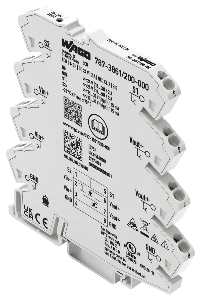 WAGO 787-3861/200-000 Electronic Circuit Breaker, 787 Series, 1 Pole, 24 VDC, DIN Rail, 2 A