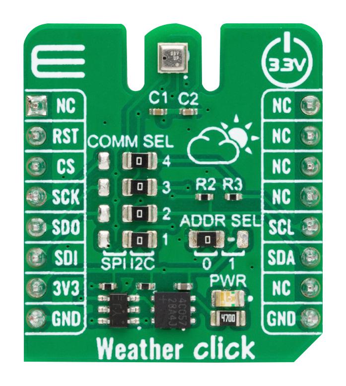 MIKROELEKTRONIKA MIKROE-5761 Add-On Board, Weather Click, BME280, Humidity And Pressure Sensor, I2C, SPI, 3.3V in
