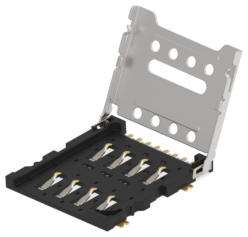 TE CONNECTIVITY 2499165-1 Memory Card Connector, Micro SIM, Hinged, 8 Contacts, Copper Alloy