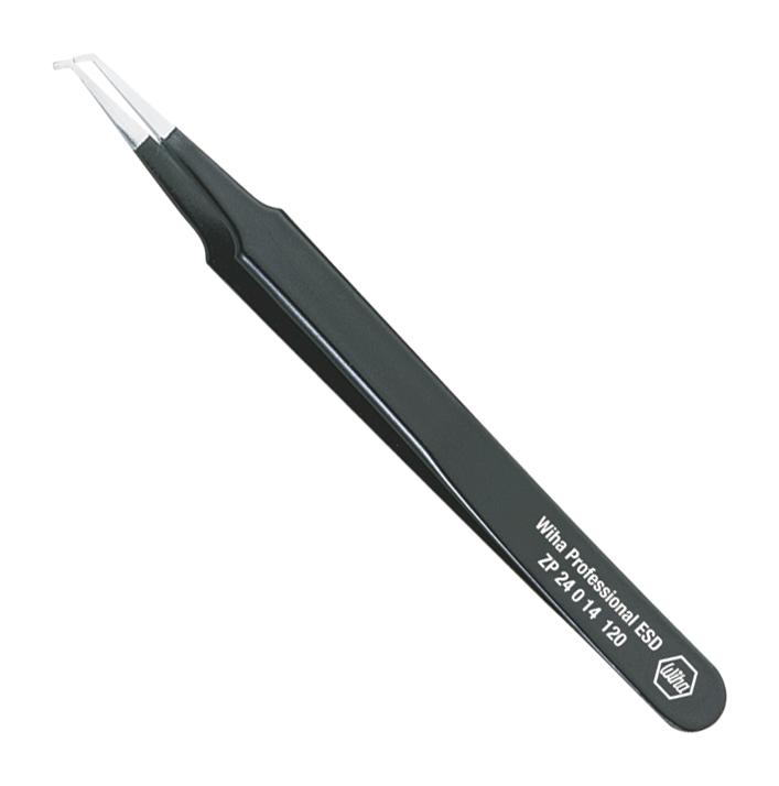 WIHA 32338 Tweezers, SMD Handling/ESD Safe, Style 12, Bent/Blunt Tip, 120mm OAL, ZP 24 0 14 Series