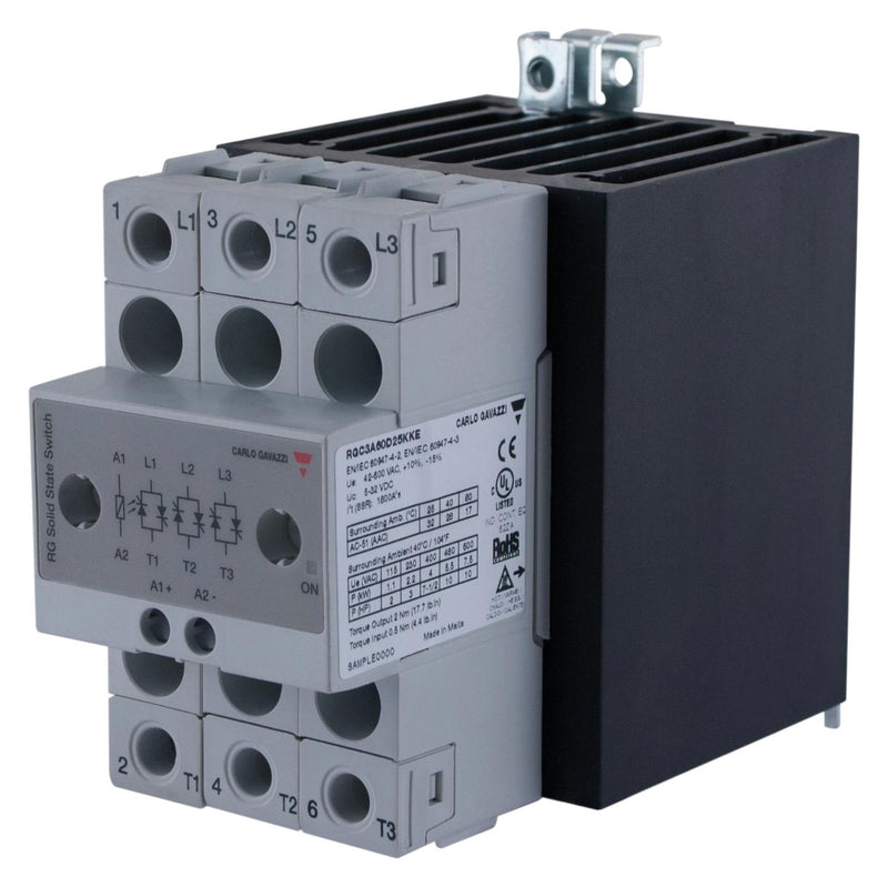 CARLO GAVAZZI RGC3A60D25KKE Solid State Contactor, 3 Pole, 25 A, 660 VAC, 32 VDC, Zero Crossing, DIN Rail, Screw