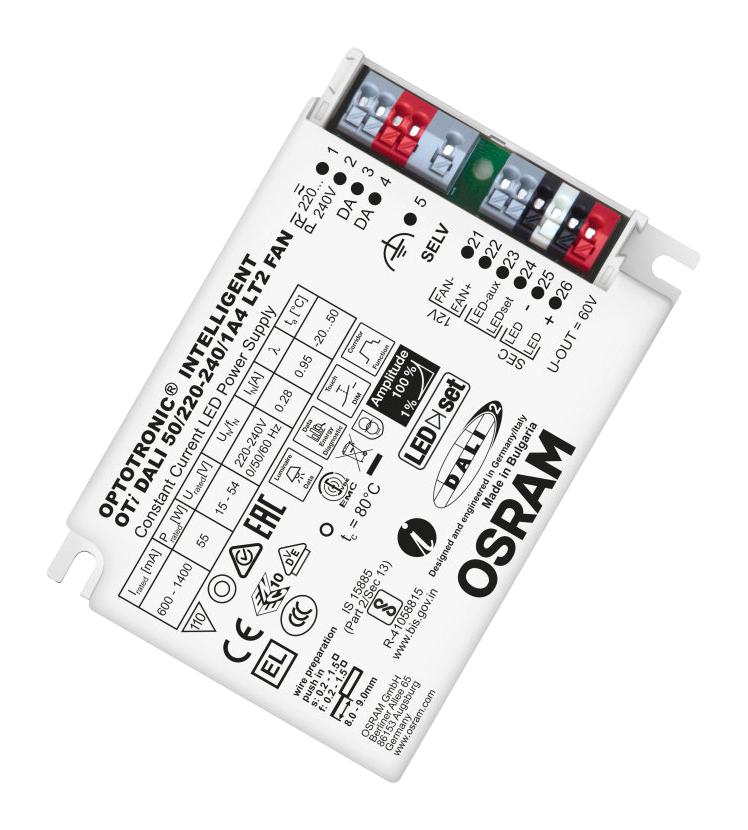 OSRAM OTI-DALI-50/220-240/1A4-LT2FAN LED Driver, Dimmable, LED Lighting, 55 W, 54 V, 1.4 A, Constant Current, 198 V