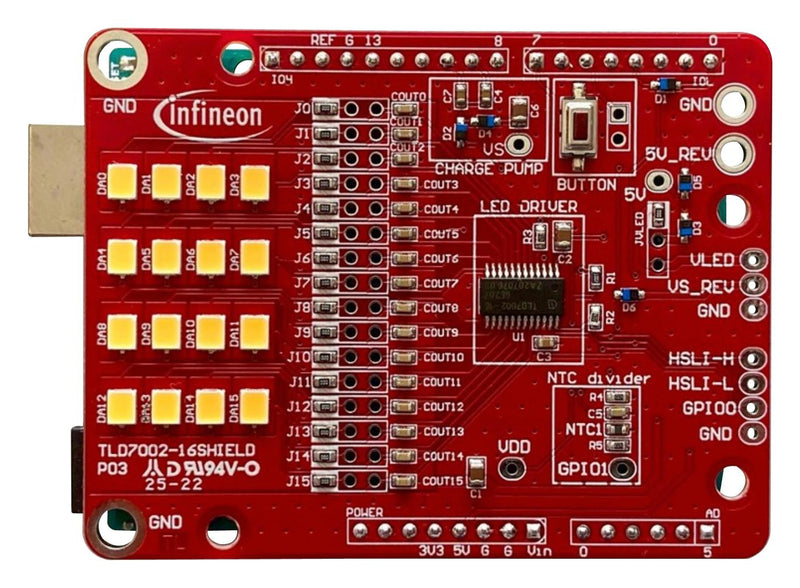 INFINEON TLD700216SHIELDTOBO1 Evaluation board, TLD7002-16ES, Lighting, Linear, 4.5 V to 5.5 Vin, 20 V Output, 76.5 mA SP005861737, TLD7002-16SHIELD