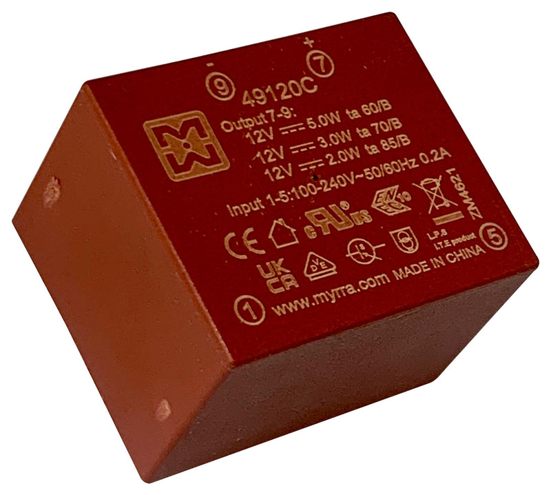 MYRRA 49120C AC/DC PCB Mount Power Supply (PSU), ITE & Household, 1 Output, 5 W, 12 VDC, 420 mA